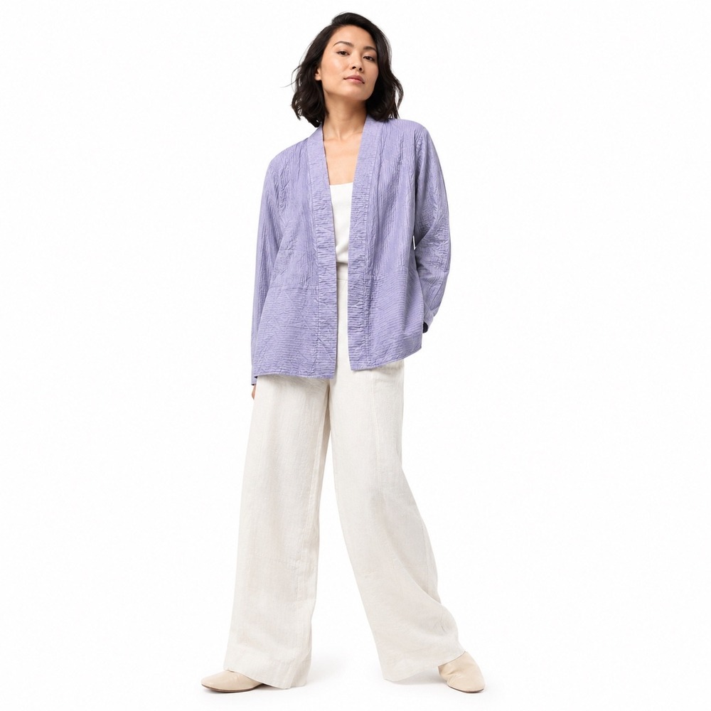 Eileen Fisher Woman 1X Silk Blend Crinkle Open Jacket Purple Minimalist Luxury